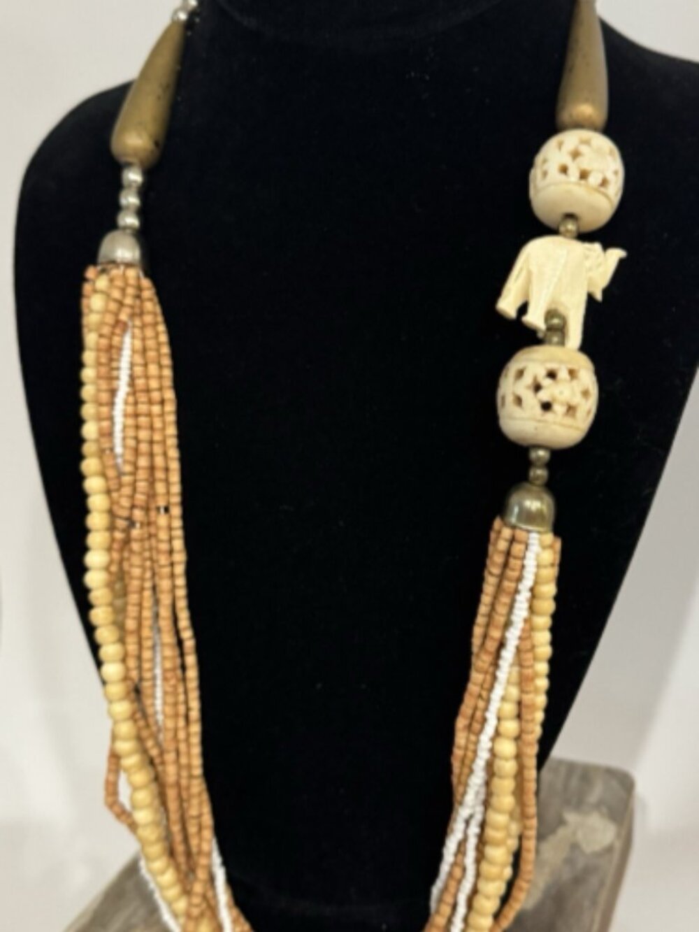 Vintage Carved Bead Necklace Hand-Carved Elephants Multi Strand Boho Resort